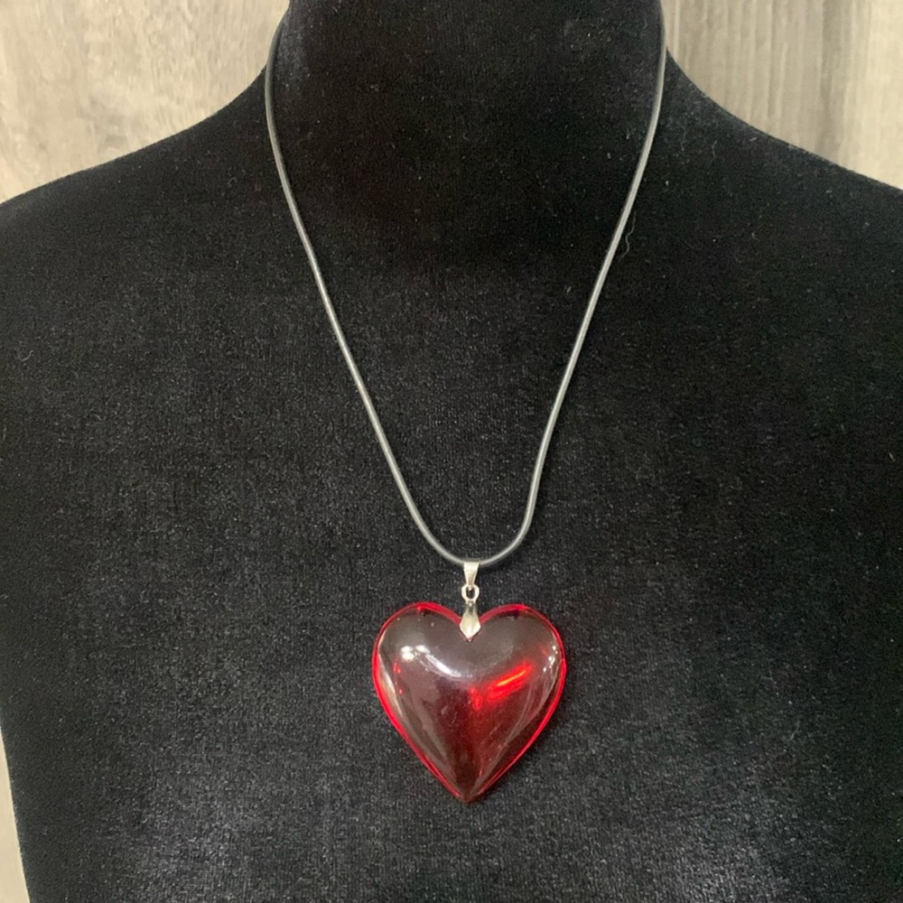 Beautiful Bright Red Heart Charm 17" Black Rope Necklace